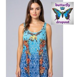 Butterfly Dropout Sleeveless Floral Y2K Tank Top Size Small Blue Ombre Birds